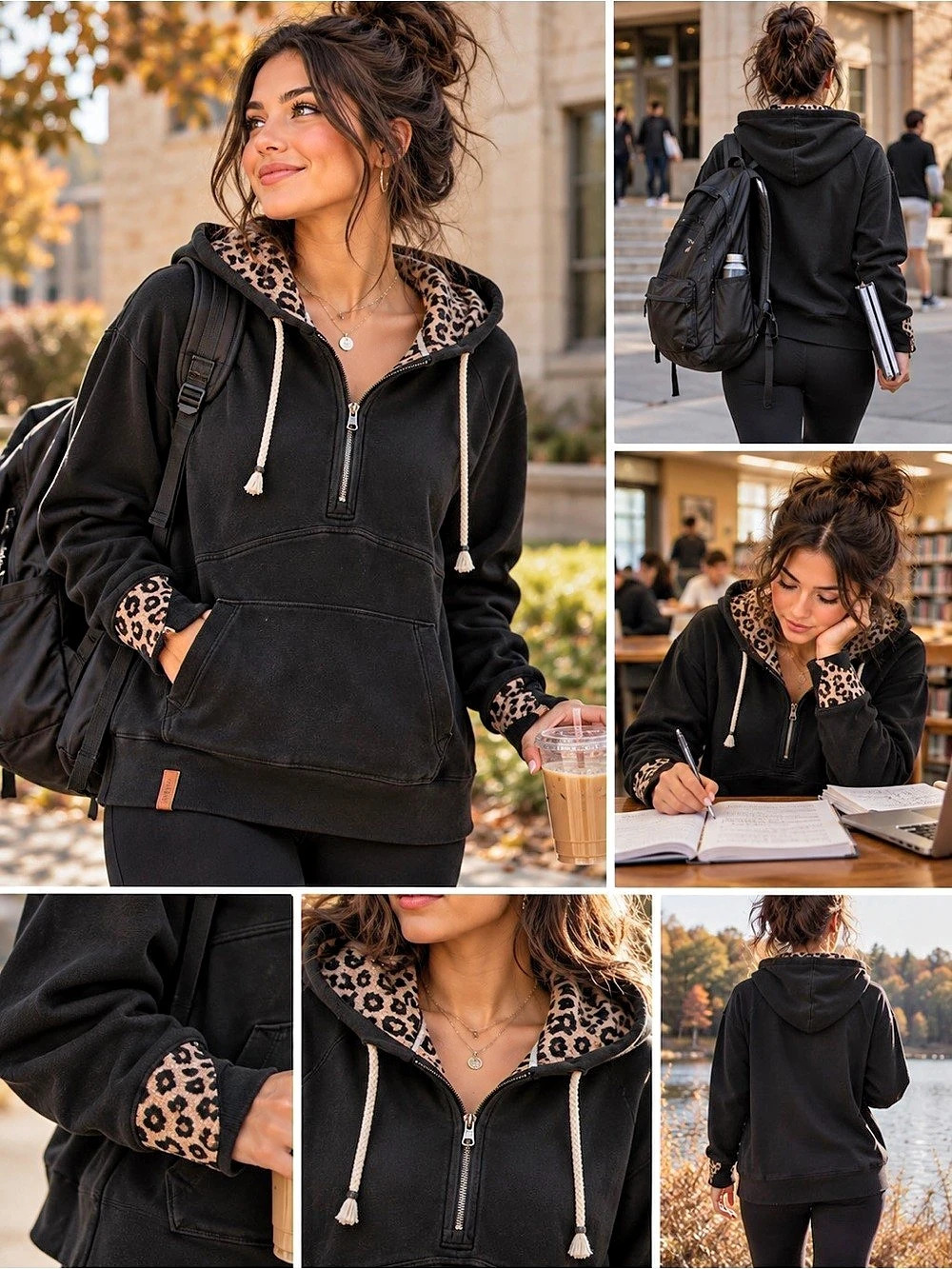 Ampersand Avenue | Half-zip hoodie | XL | Pastel Pink Leopard Print Accent 🖤🐆